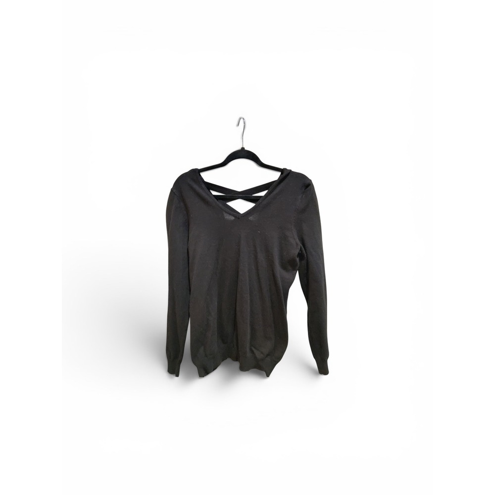 Love Ellie Women Black Strappy Criss Cross V-Neck Long Sleeve Sweater J67810SF M